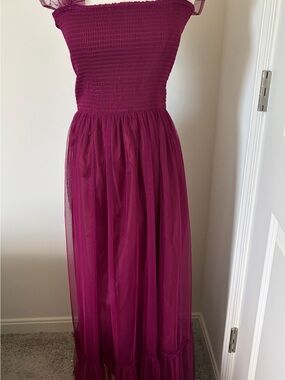 Melloday Girls Smocked Bodice Tulle Maxi Dress in Berry